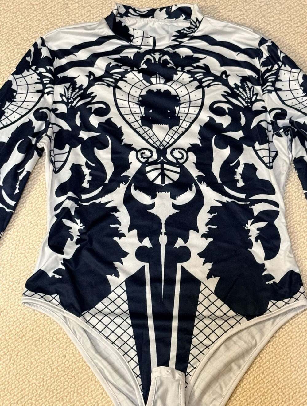 Black and White Baroque Printed Stand Collar Long Sleeve Bodysuit